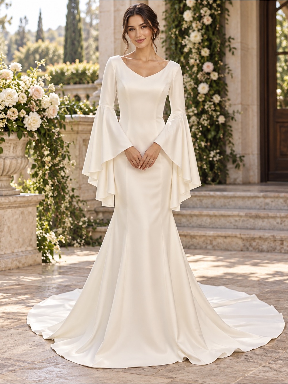 Classic Ivory Satin Wedding Gown with Dramatic Bell Sleeves